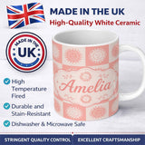 Personalized Custom Name Sun Face Checkerboard Peach Cream Seamless Pattern Name Cute Unique 11oz Ceramic Coffee Tea Mug White Large Handle
