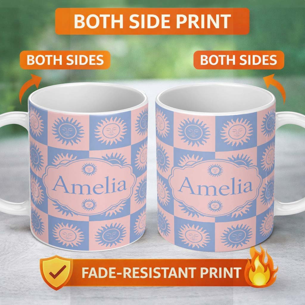 Personalized Custom Name Sun Face Checkerboard Blue Pink Seamless Pattern Name Cute Unique 11oz Ceramic Coffee Tea Mug White Large Handle