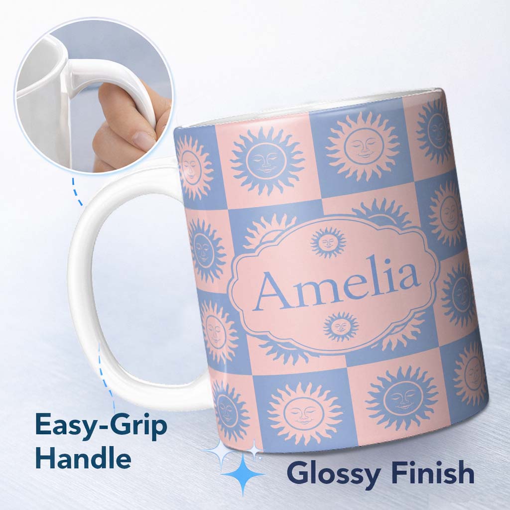 Personalized Custom Name Sun Face Checkerboard Blue Pink Seamless Pattern Name Cute Unique 11oz Ceramic Coffee Tea Mug White Large Handle