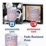 Personalized Custom Name Sun Face Checkerboard Blue Pink Seamless Pattern Name Cute Unique 11oz Ceramic Coffee Tea Mug White Large Handle