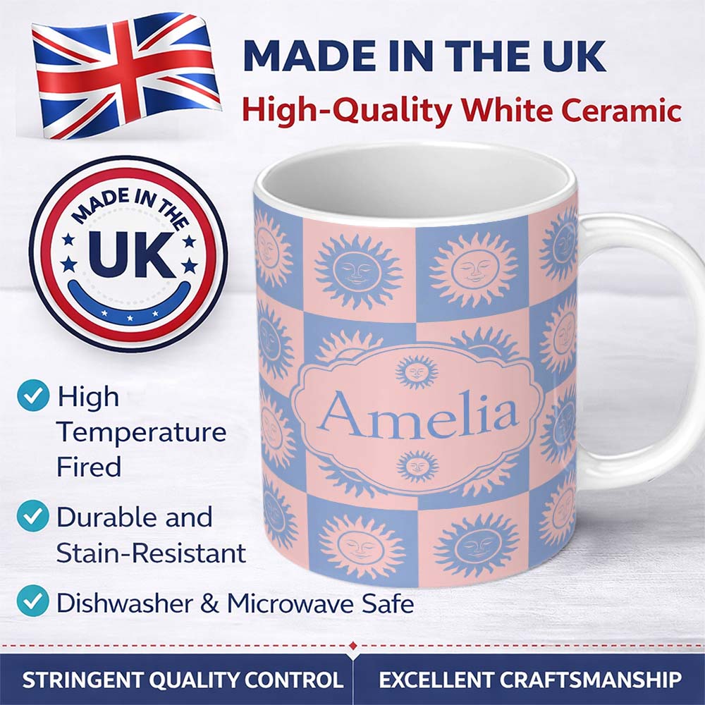 Personalized Custom Name Sun Face Checkerboard Blue Pink Seamless Pattern Name Cute Unique 11oz Ceramic Coffee Tea Mug White Large Handle