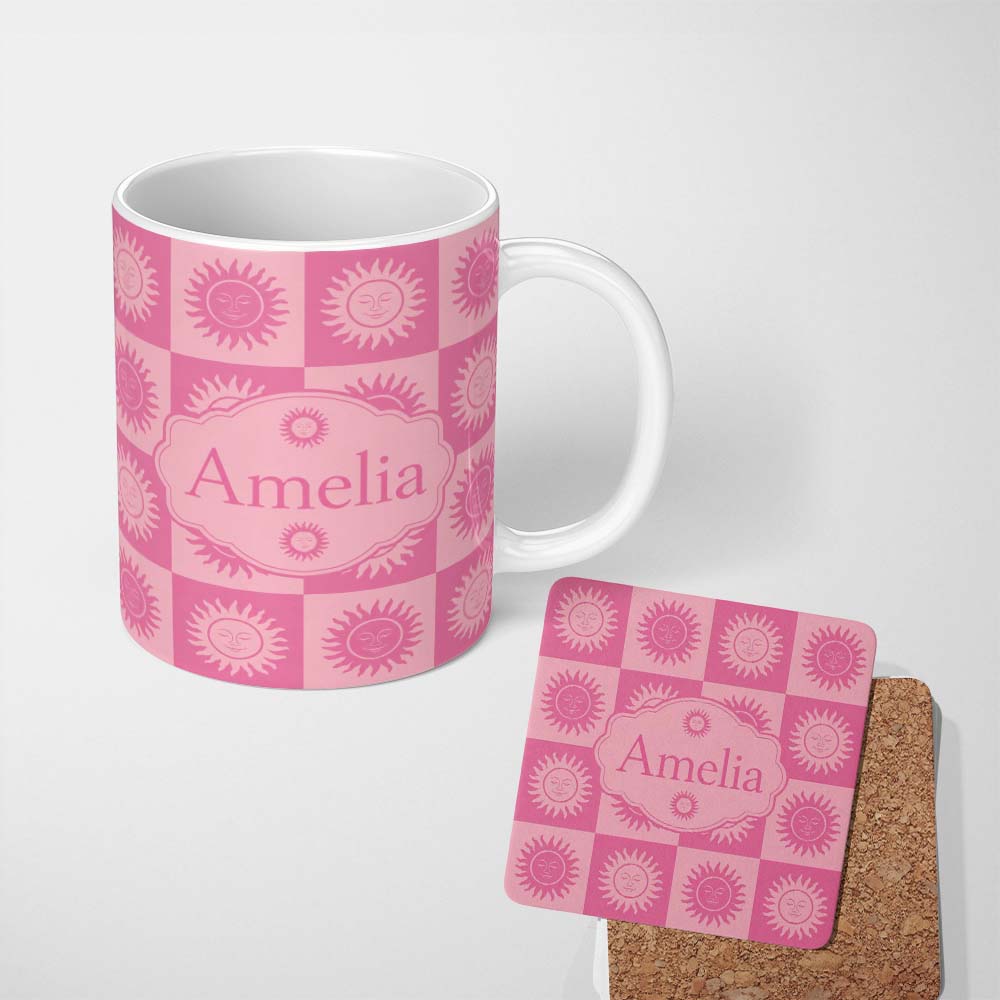 Personalized Custom Name Sun Face Checkerboard Pink Tone Seamless Pattern Name Cute Unique 11oz Ceramic Coffee Tea Mug White Large Handle