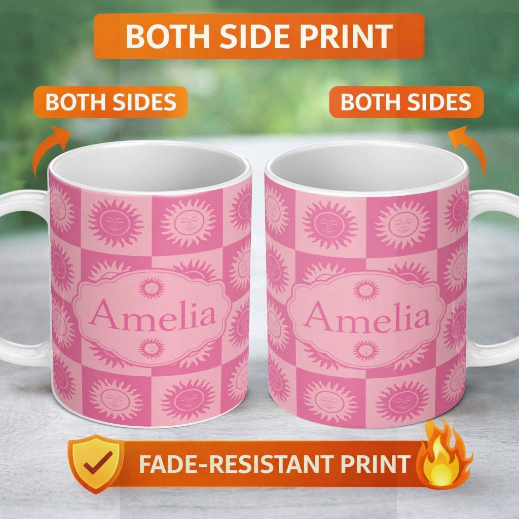 Personalized Custom Name Sun Face Checkerboard Pink Tone Seamless Pattern Name Cute Unique 11oz Ceramic Coffee Tea Mug White Large Handle