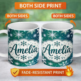 Personalized Custom Name Elegant Blue Green Snowflake Winter Seamless Pattern Lovely 11oz Ceramic Coffee Tea Mug White Large Handle