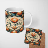 Personalized Custom Name Artistic Protea Floral with Blue Leaves Seamless Pattern Lovely 11oz Ceramic Coffee Tea Mug White Large Handle