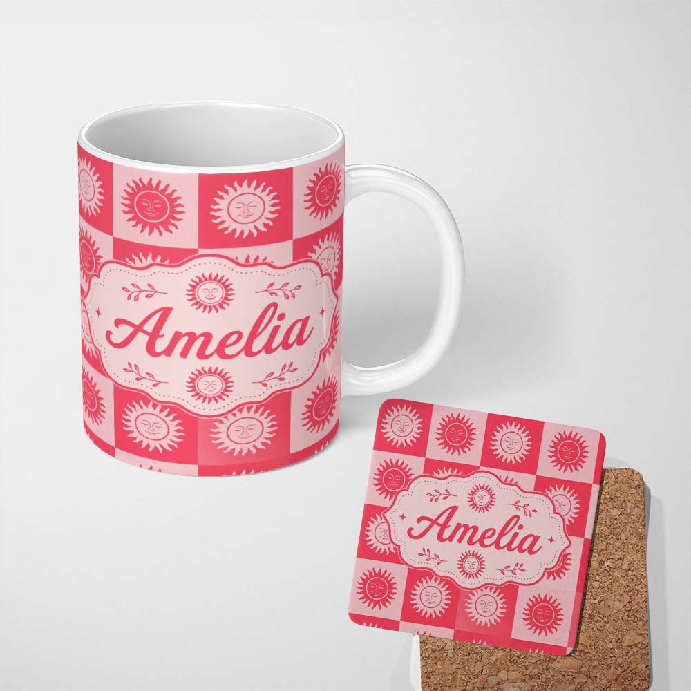 Personalized Custom Name Sun Face Checkerboard Red Pink Seamless Pattern Name Cute Unique 11oz Ceramic Coffee Tea Mug White Large Handle