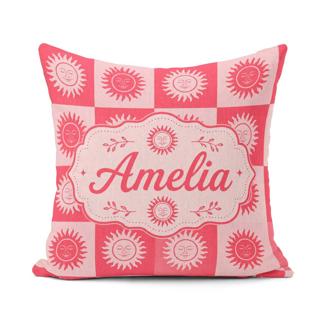 Custom Name Sun Face Checkerboard Red Pink Seamless Pattern Name Square Filled Cushion Throw Pillow Sofa Bed Home Decor Zip Washable UK Made