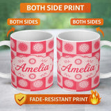 Personalized Custom Name Sun Face Checkerboard Red Pink Seamless Pattern Name Cute Unique 11oz Ceramic Coffee Tea Mug White Large Handle