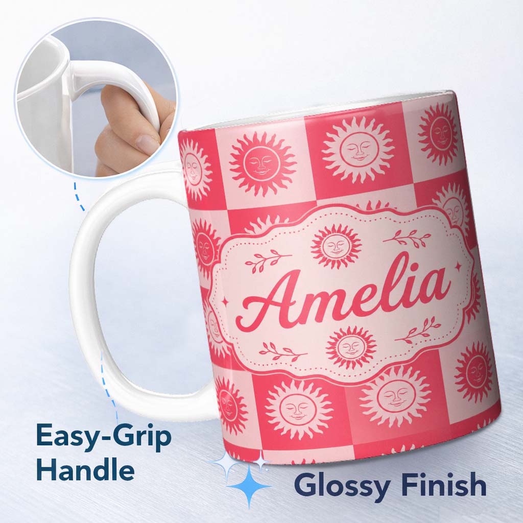 Personalized Custom Name Sun Face Checkerboard Red Pink Seamless Pattern Name Cute Unique 11oz Ceramic Coffee Tea Mug White Large Handle