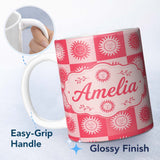 Personalized Custom Name Sun Face Checkerboard Red Pink Seamless Pattern Name Cute Unique 11oz Ceramic Coffee Tea Mug White Large Handle