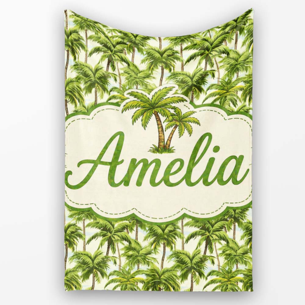 Tropical Palm Tree Summer Beach Seamless Pattern on Cream Background  Personalised Custom Name Super Soft Fleece Blanket Bed Sofa Throw