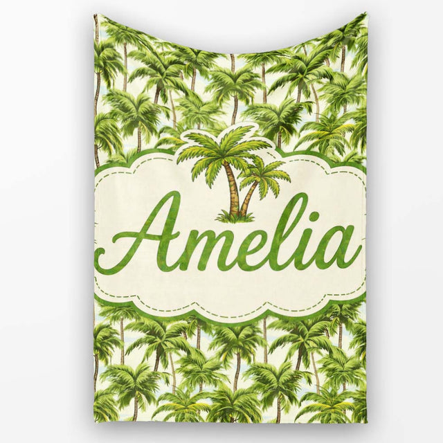 Tropical Palm Tree Summer Beach Seamless Pattern on Cream Background  Personalised Custom Name Super Soft Fleece Blanket Bed Sofa Throw
