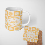 Personalized Custom Name Sun Face Checkerboard Yellow Grey Seamless Pattern Name Cute Unique 11oz Ceramic Coffee Tea Mug White Large Handle