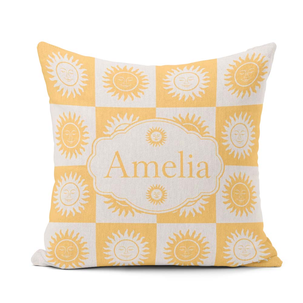 Custom Name Sun Face Checkerboard Yellow Grey Seamless Name Cute Square Filled Cushion Throw Pillow Sofa Bed Home Decor Zip Washable UK Made