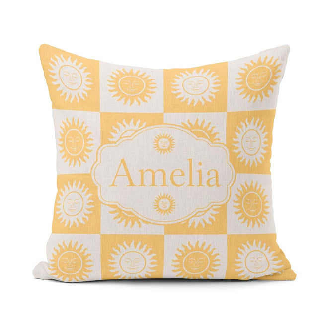 Custom Name Sun Face Checkerboard Yellow Grey Seamless Name Cute Square Filled Cushion Throw Pillow Sofa Bed Home Decor Zip Washable UK Made