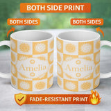 Personalized Custom Name Sun Face Checkerboard Yellow Grey Seamless Pattern Name Cute Unique 11oz Ceramic Coffee Tea Mug White Large Handle