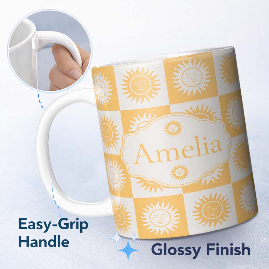 Personalized Custom Name Sun Face Checkerboard Yellow Grey Seamless Pattern Name Cute Unique 11oz Ceramic Coffee Tea Mug White Large Handle