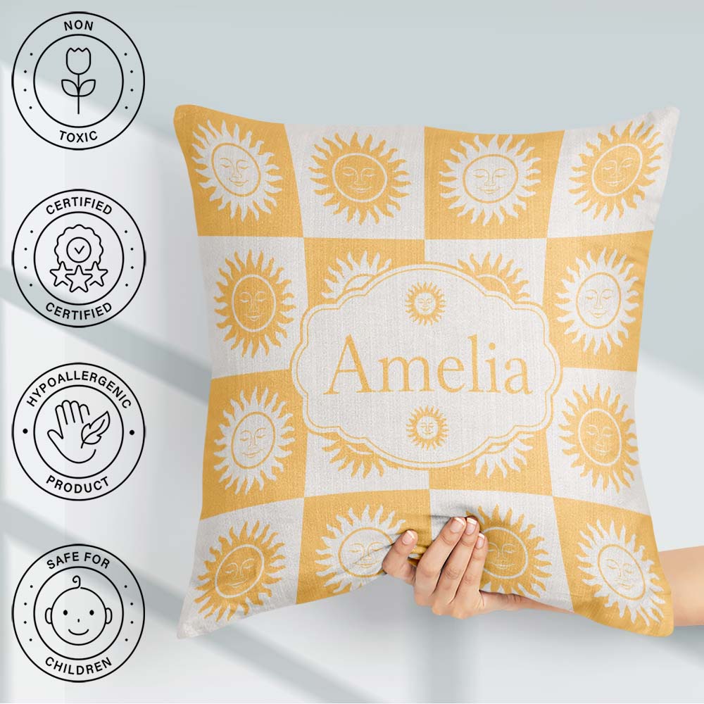 Custom Name Sun Face Checkerboard Yellow Grey Seamless Name Cute Square Filled Cushion Throw Pillow Sofa Bed Home Decor Zip Washable UK Made