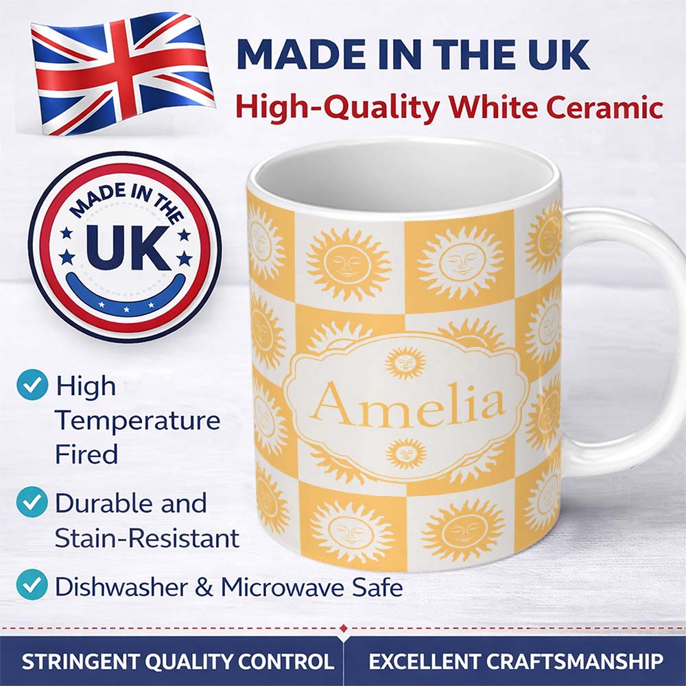 Personalized Custom Name Sun Face Checkerboard Yellow Grey Seamless Pattern Name Cute Unique 11oz Ceramic Coffee Tea Mug White Large Handle