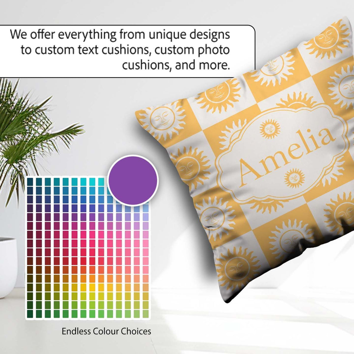 Custom Name Sun Face Checkerboard Yellow Grey Seamless Name Cute Square Filled Cushion Throw Pillow Sofa Bed Home Decor Zip Washable UK Made