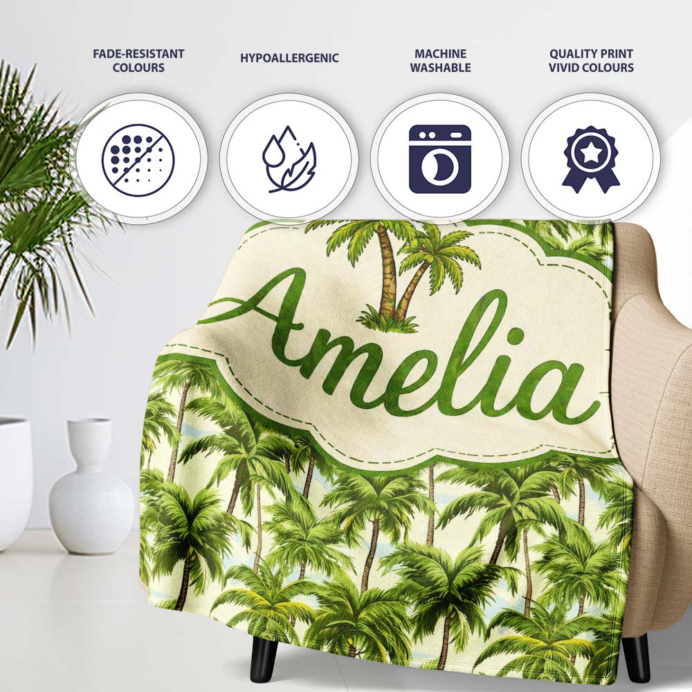 Tropical Palm Tree Summer Beach Seamless Pattern on Cream Background  Personalised Custom Name Super Soft Fleece Blanket Bed Sofa Throw