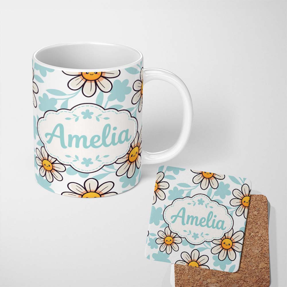 Personalized Custom Name Cute Kawaii Daisy Flowers with Soft Blue Leaves Seamless Pattern 11oz Ceramic Coffee Tea Mug White Large Handle