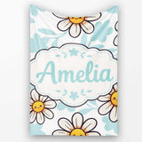 Cute Kawaii Daisy Flowers with Soft Blue Leaves Seamless Pattern  Personalised Custom Name Super Soft Fleece Blanket Bed Sofa Throw