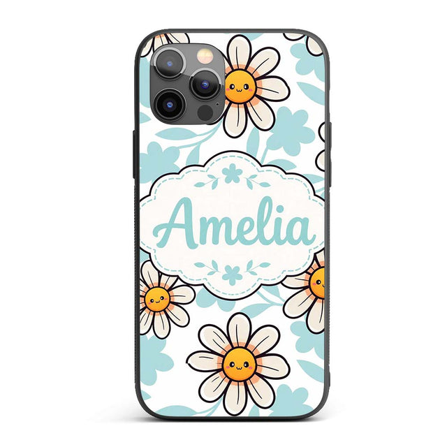 Cute Kawaii Daisy Flowers with Soft Blue Leaves Custom Name Protective Phone Case Mobile Cover Durable Everyday Smartphone Shock Resistant
