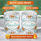 Personalized Custom Name Cute Kawaii Daisy Flowers with Soft Blue Leaves Seamless Pattern 11oz Ceramic Coffee Tea Mug White Large Handle