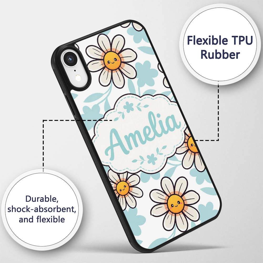 Cute Kawaii Daisy Flowers with Soft Blue Leaves Custom Name Protective Phone Case Mobile Cover Durable Everyday Smartphone Shock Resistant