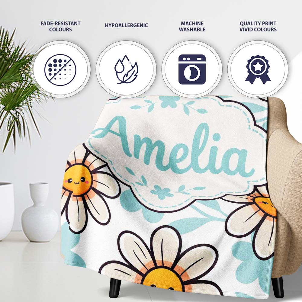 Cute Kawaii Daisy Flowers with Soft Blue Leaves Seamless Pattern  Personalised Custom Name Super Soft Fleece Blanket Bed Sofa Throw