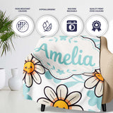 Cute Kawaii Daisy Flowers with Soft Blue Leaves Seamless Pattern  Personalised Custom Name Super Soft Fleece Blanket Bed Sofa Throw