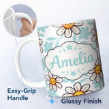 Personalized Custom Name Cute Kawaii Daisy Flowers with Soft Blue Leaves Seamless Pattern 11oz Ceramic Coffee Tea Mug White Large Handle