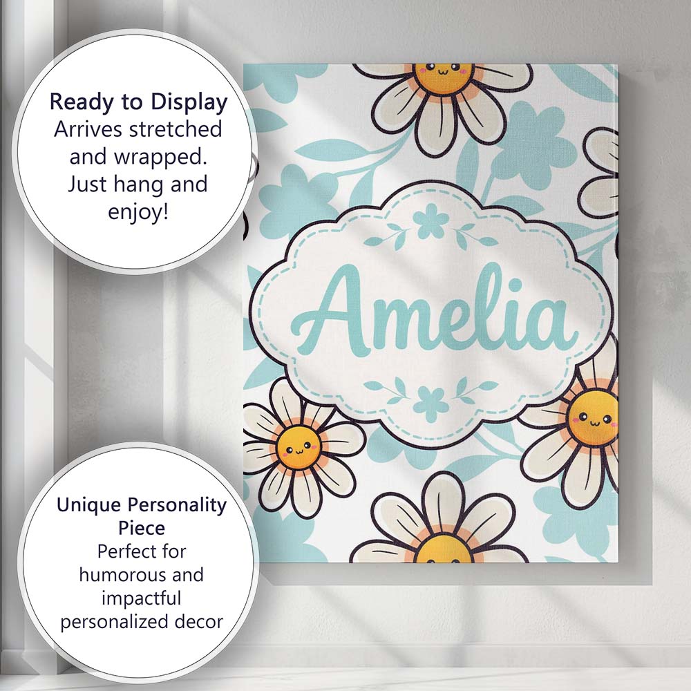 Personalised Name Cute Kawaii Daisy Flowers Custom  Bespoke Interior Contemporary Canvas Wall Art Print Decor Picture Ready to Hang