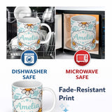 Personalized Custom Name Cute Kawaii Daisy Flowers with Soft Blue Leaves Seamless Pattern 11oz Ceramic Coffee Tea Mug White Large Handle