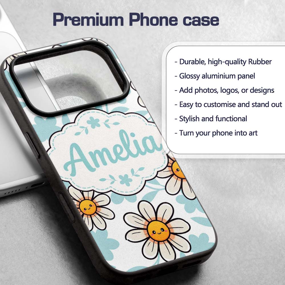 Cute Kawaii Daisy Flowers with Soft Blue Leaves Custom Name Protective Phone Case Mobile Cover Durable Everyday Smartphone Shock Resistant