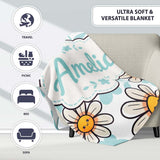 Cute Kawaii Daisy Flowers with Soft Blue Leaves Seamless Pattern  Personalised Custom Name Super Soft Fleece Blanket Bed Sofa Throw
