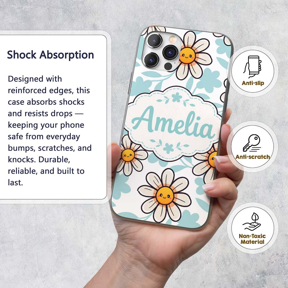 Cute Kawaii Daisy Flowers with Soft Blue Leaves Custom Name Protective Phone Case Mobile Cover Durable Everyday Smartphone Shock Resistant