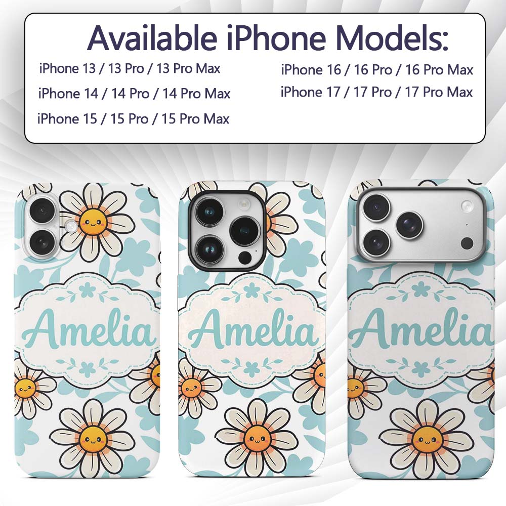 Cute Kawaii Daisy Flowers with Soft Blue Leaves Custom Name Protective Phone Case Mobile Cover Durable Everyday Smartphone Shock Resistant