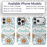 Cute Kawaii Daisy Flowers with Soft Blue Leaves Custom Name Protective Phone Case Mobile Cover Durable Everyday Smartphone Shock Resistant