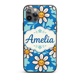 Cute Kawaii Daisy Flowers on Deep Blue Background Custom Name Protective Phone Case Mobile Cover Durable Everyday Smartphone Shock Resistant