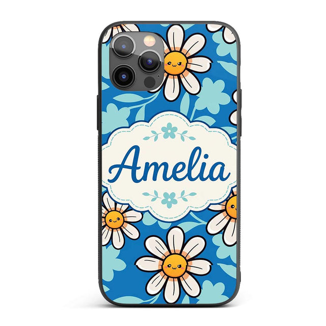 Cute Kawaii Daisy Flowers on Deep Blue Background Custom Name Protective Phone Case Mobile Cover Durable Everyday Smartphone Shock Resistant