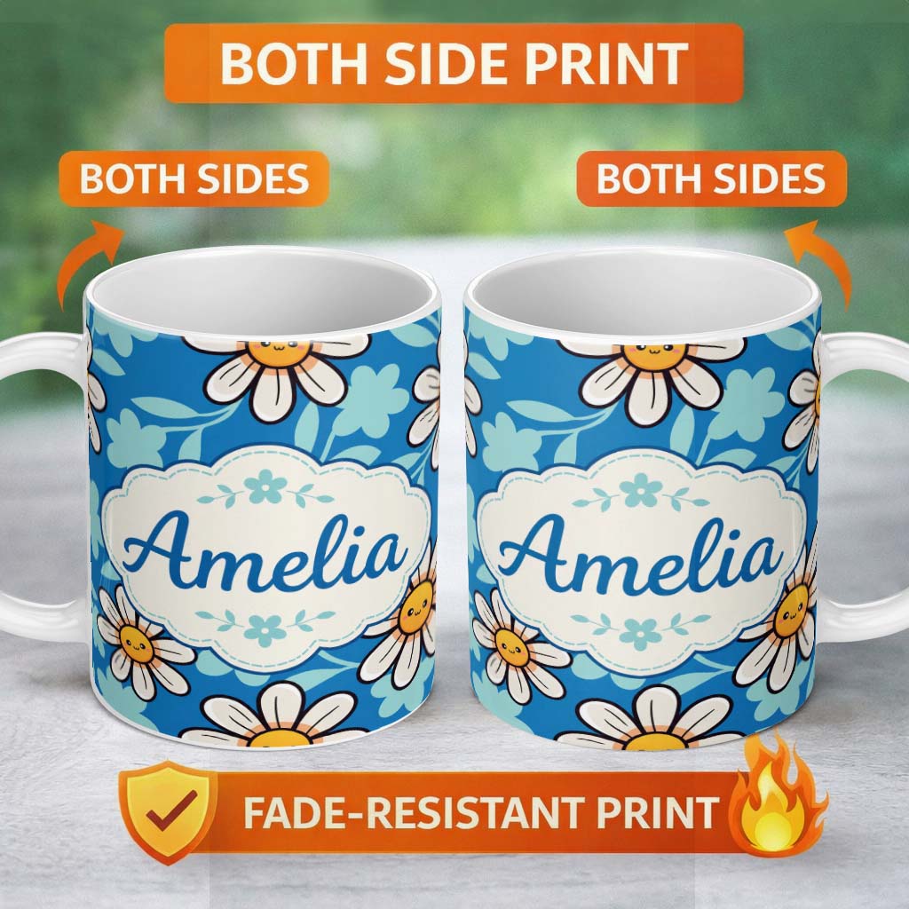 Personalized Custom Name Cute Kawaii Daisy Flowers on Deep Blue Background Seamless Pattern 11oz Ceramic Coffee Tea Mug White Large Handle