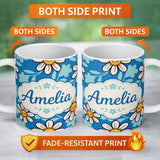 Personalized Custom Name Cute Kawaii Daisy Flowers on Deep Blue Background Seamless Pattern 11oz Ceramic Coffee Tea Mug White Large Handle