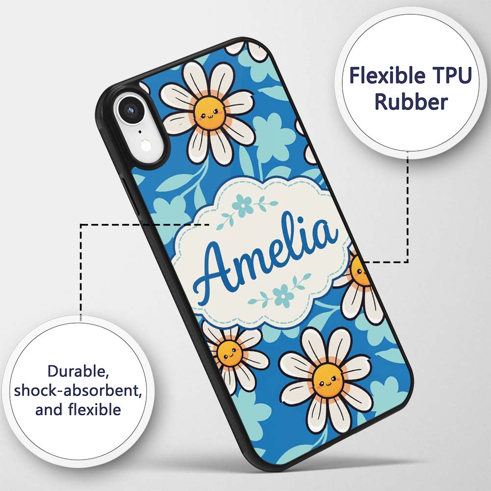 Cute Kawaii Daisy Flowers on Deep Blue Background Custom Name Protective Phone Case Mobile Cover Durable Everyday Smartphone Shock Resistant