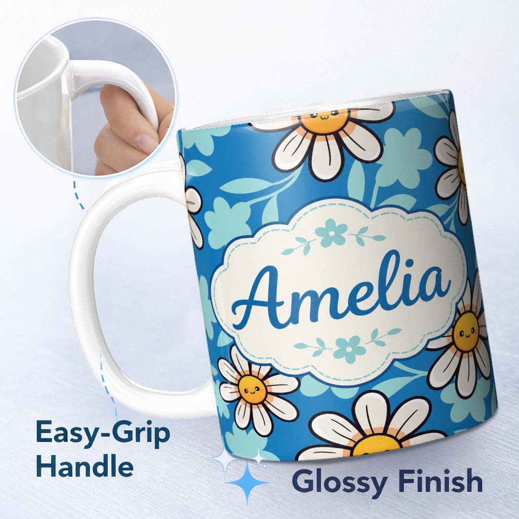 Personalized Custom Name Cute Kawaii Daisy Flowers on Deep Blue Background Seamless Pattern 11oz Ceramic Coffee Tea Mug White Large Handle