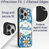 Cute Kawaii Daisy Flowers on Deep Blue Background Custom Name Protective Phone Case Mobile Cover Durable Everyday Smartphone Shock Resistant