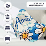 Cute Kawaii Daisy Flowers on Deep Blue Background Seamless Pattern  Personalised Custom Name Super Soft Fleece Blanket Bed Sofa Throw
