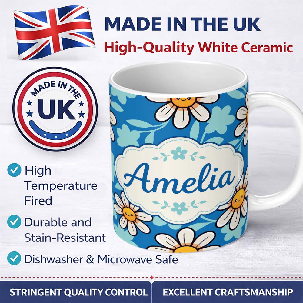 Personalized Custom Name Cute Kawaii Daisy Flowers on Deep Blue Background Seamless Pattern 11oz Ceramic Coffee Tea Mug White Large Handle
