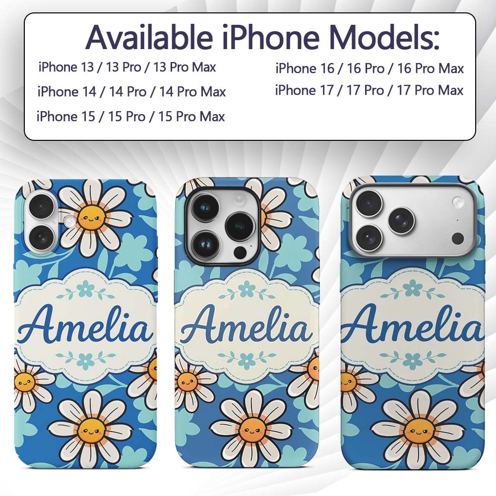 Cute Kawaii Daisy Flowers on Deep Blue Background Custom Name Protective Phone Case Mobile Cover Durable Everyday Smartphone Shock Resistant